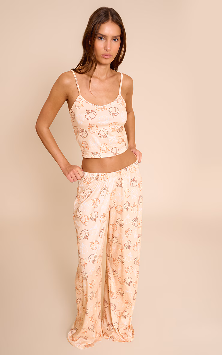 Beige Pumpkin Printed Cami and Wide Leg Pant PJ Set