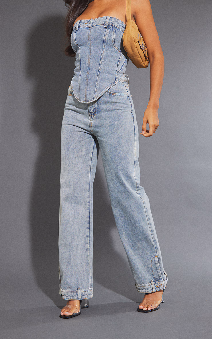 Mid Blue Wash Waistband Detail Hem Straight Leg Jeans