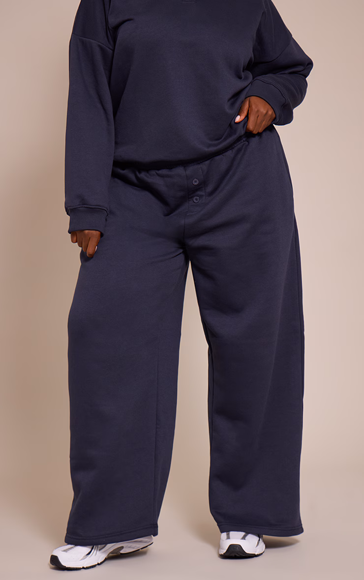 Plus Navy Button Up Wide Leg Sweatpants