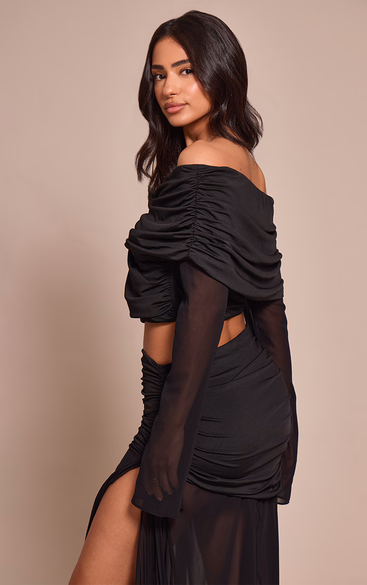 Petite Black Bardot Twist Front Crop Top