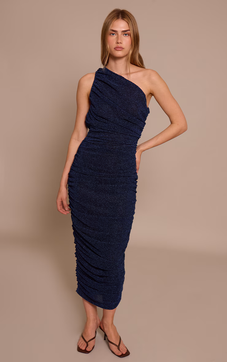 Navy Glitter Plisse Ruched One Shoulder Midi Dress