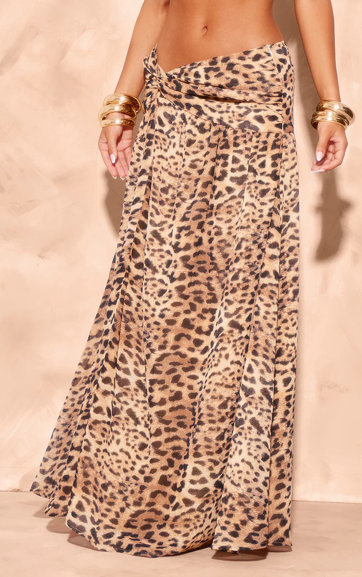 Leopard Print Twist Front Thigh Split Maxi Skirt