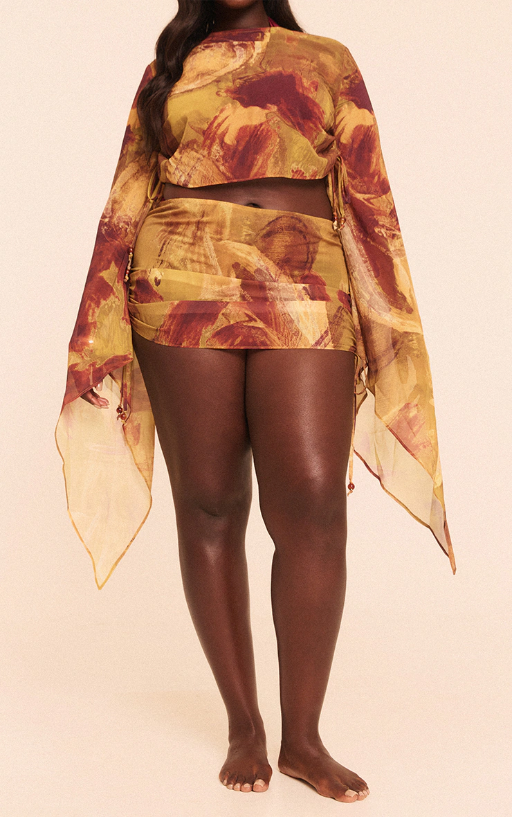 Plus Green Abstract Print Bead Trim Chiffon Beach Skirt