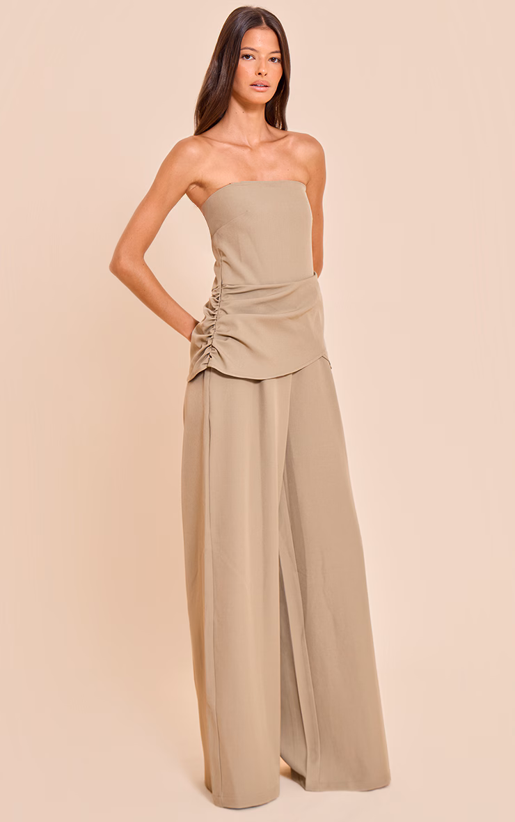 Light Khaki Woven Bandeau Draped Wide Leg Jumpsuit