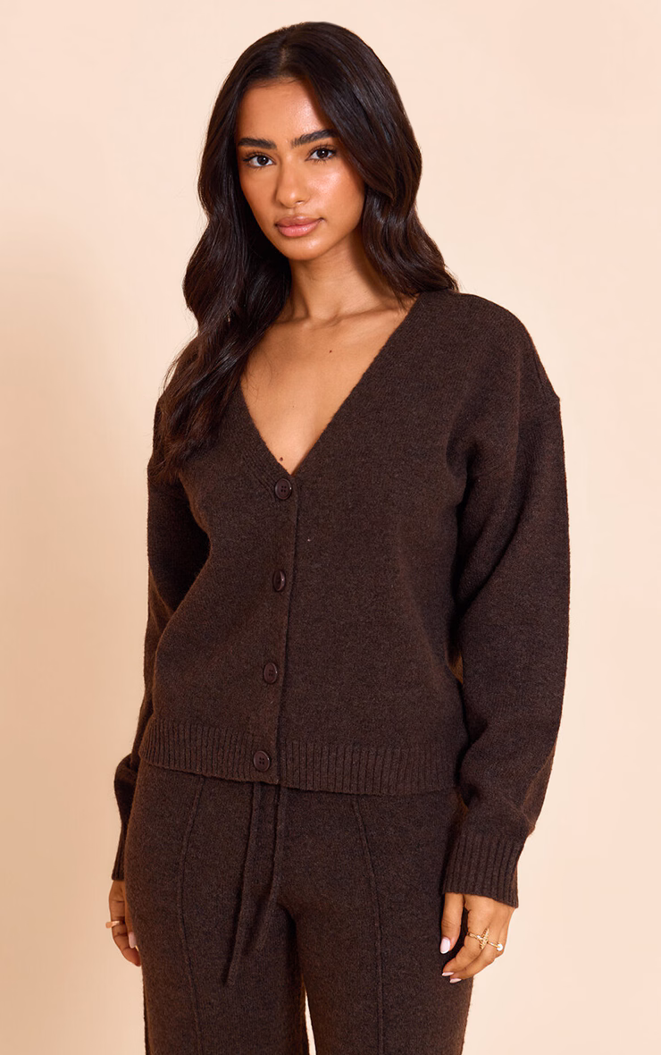 Petite Chocolate V-Neck Button Up Knitted Cardigan