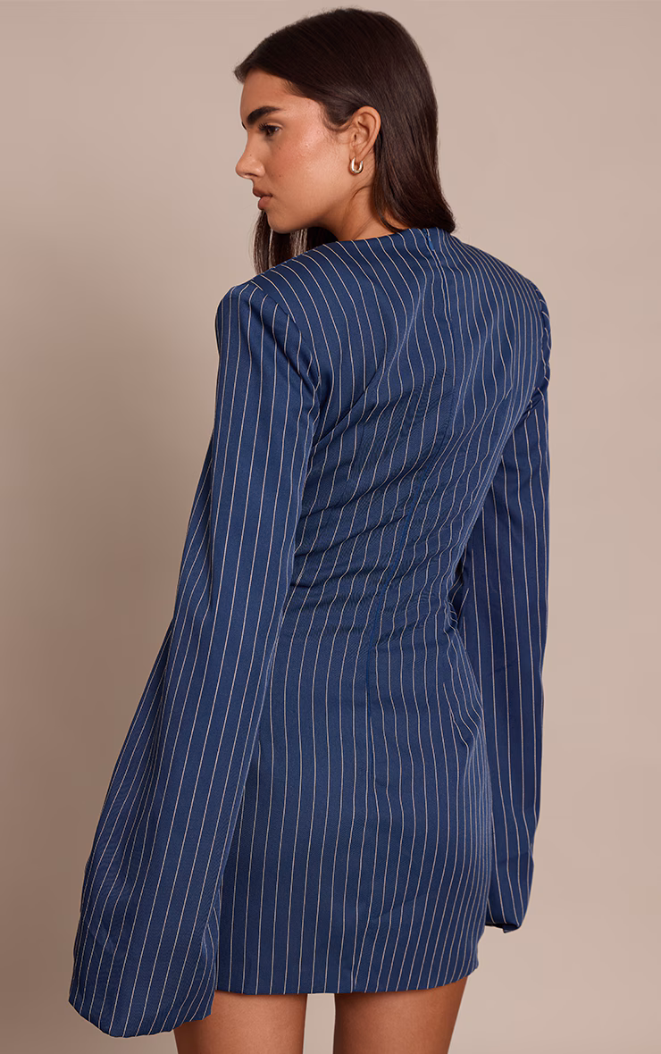 Navy Pinstripe Boat Neck Structured Long Sleeve Mini Dress