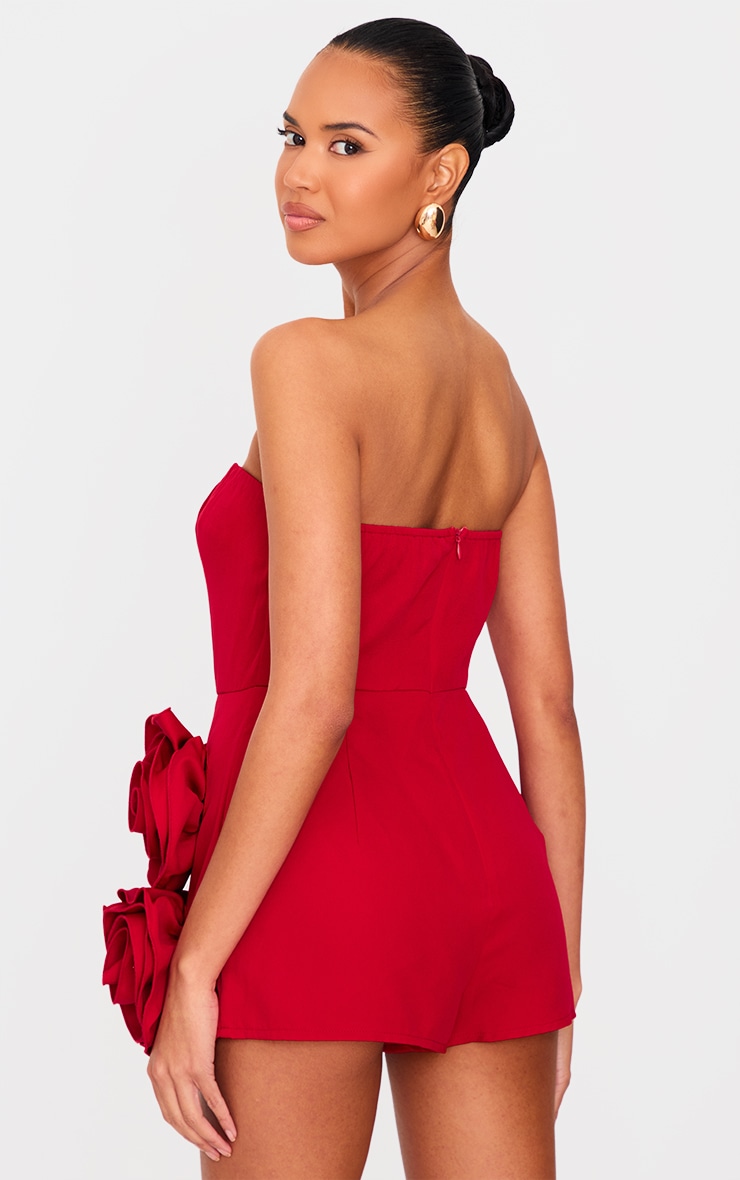Red Oversized Rose Detail Bandeau Skort Romper