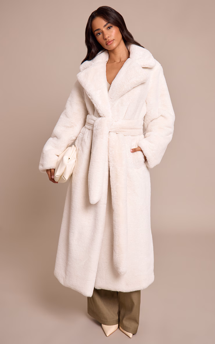 Petite Beige Faux Fur Tie Waist Maxi Coat