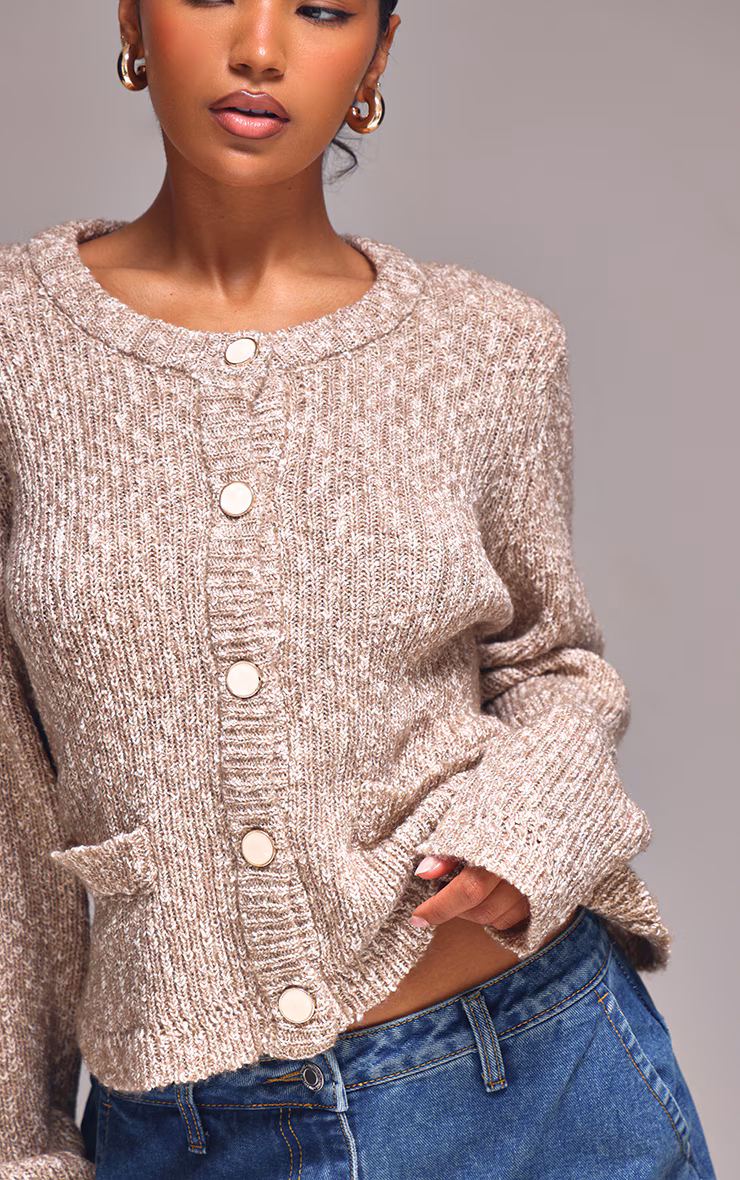Mocha Marl Textured Bobble Knit Button Up Pocket Detail Cardigan