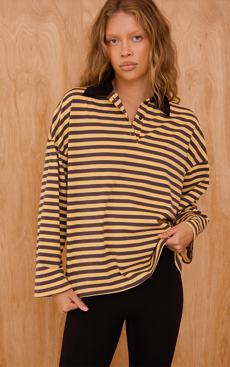 Multi Stripey Collar Detail Long Sleeve Rugby Top