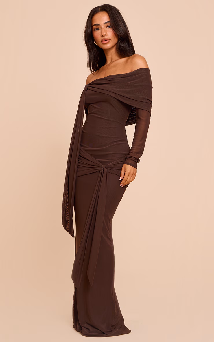 Petite Chocolate Asymmetric Long Sleeve Bardot Maxi Dress