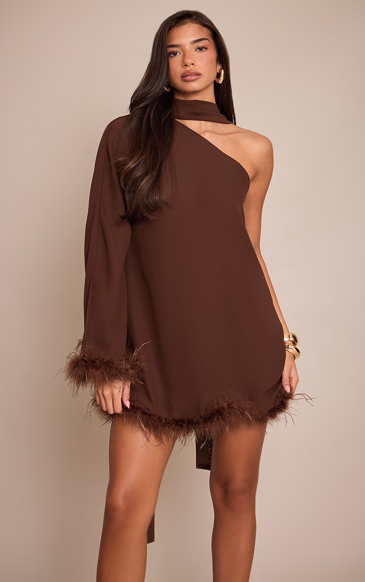 Chocolate Chiffon One Shoulder Feather Detail Shift Dress