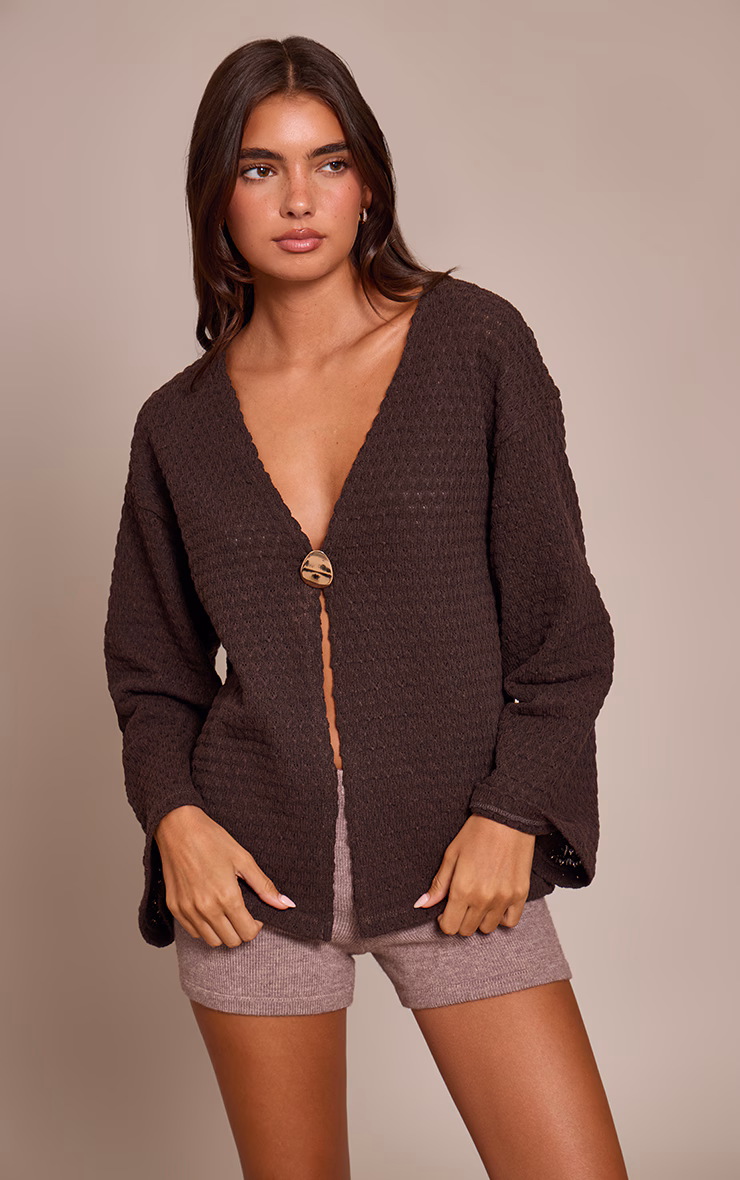 Chocolate Textured Trim Detail Oversized Long Sleeve Top