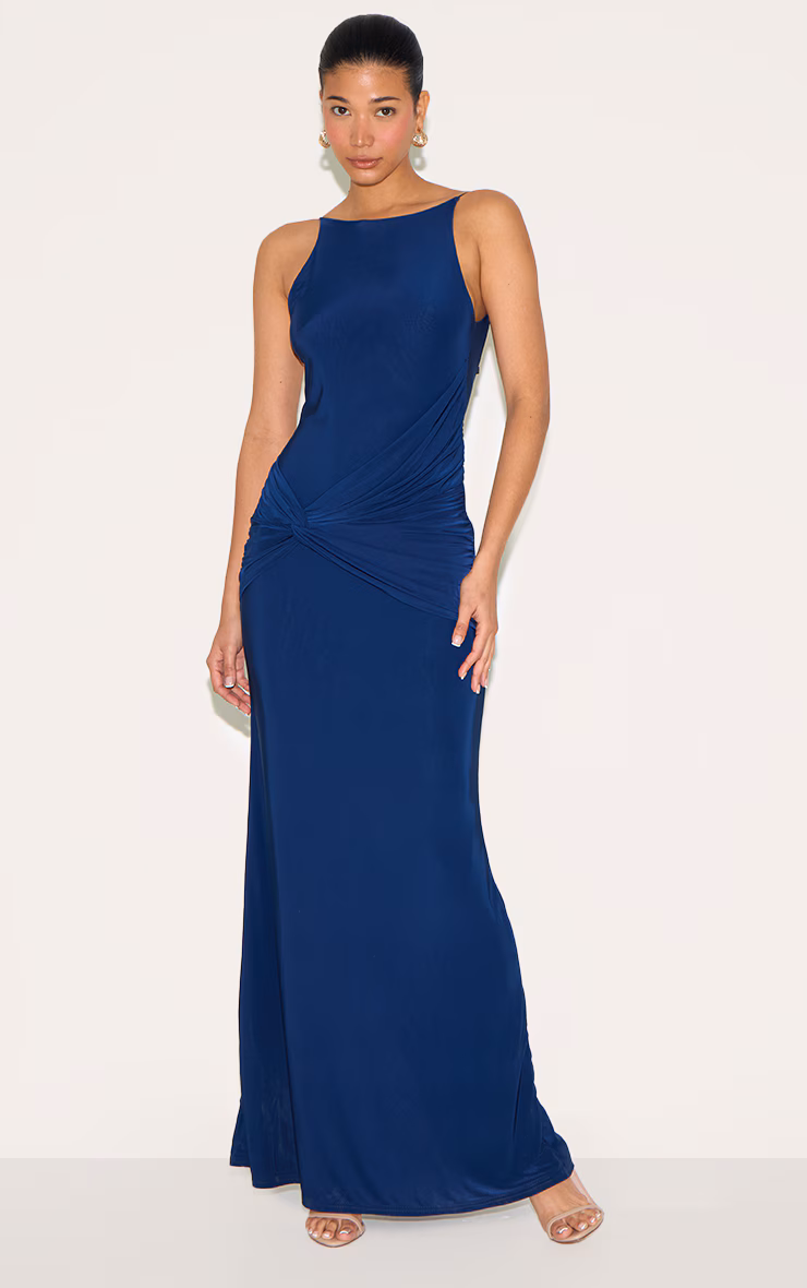 Navy Double Layer Slinky Twited Front Halter Neck Maxi Dress
