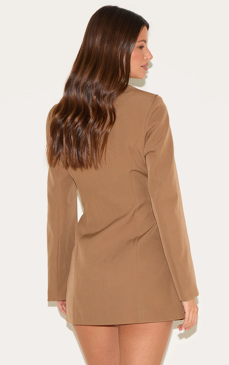 Mushroom Woven Collarless Blazer Dress