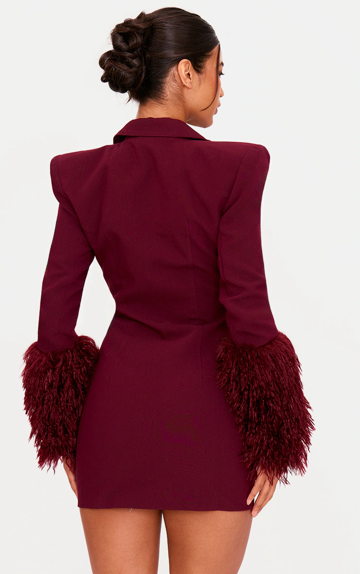 PLT Label Burgundy Faux Shearling Cuff Tailored Blazer Dress