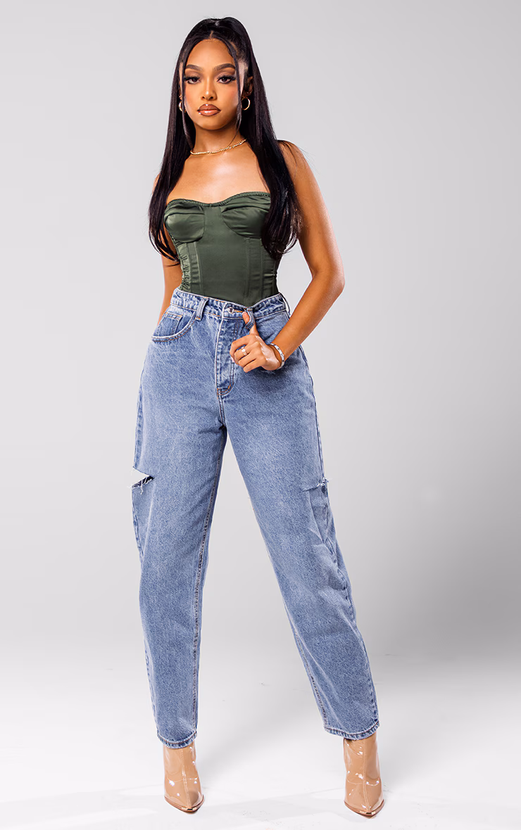 Mid Wash Thigh Split Baggy Boyfriend Jeans