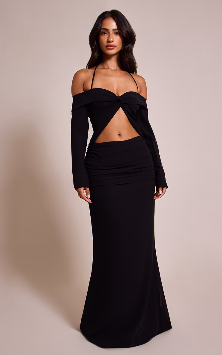 Petite Black Cut Out Long Sleeve Maxi Dress