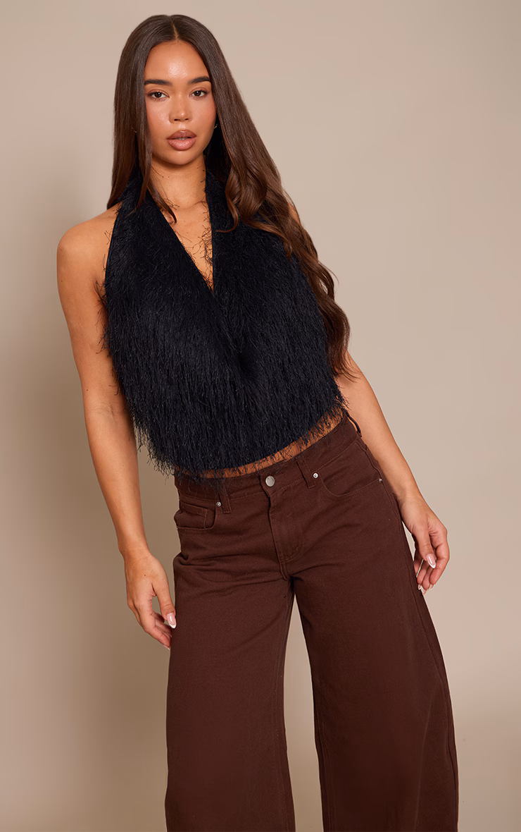 BLack Textured Faux Fur Cowl Neck Top