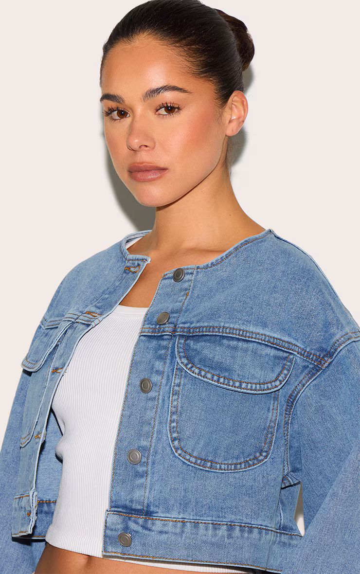 Mid Blue Wash Round Neck Crop Denim Jacket