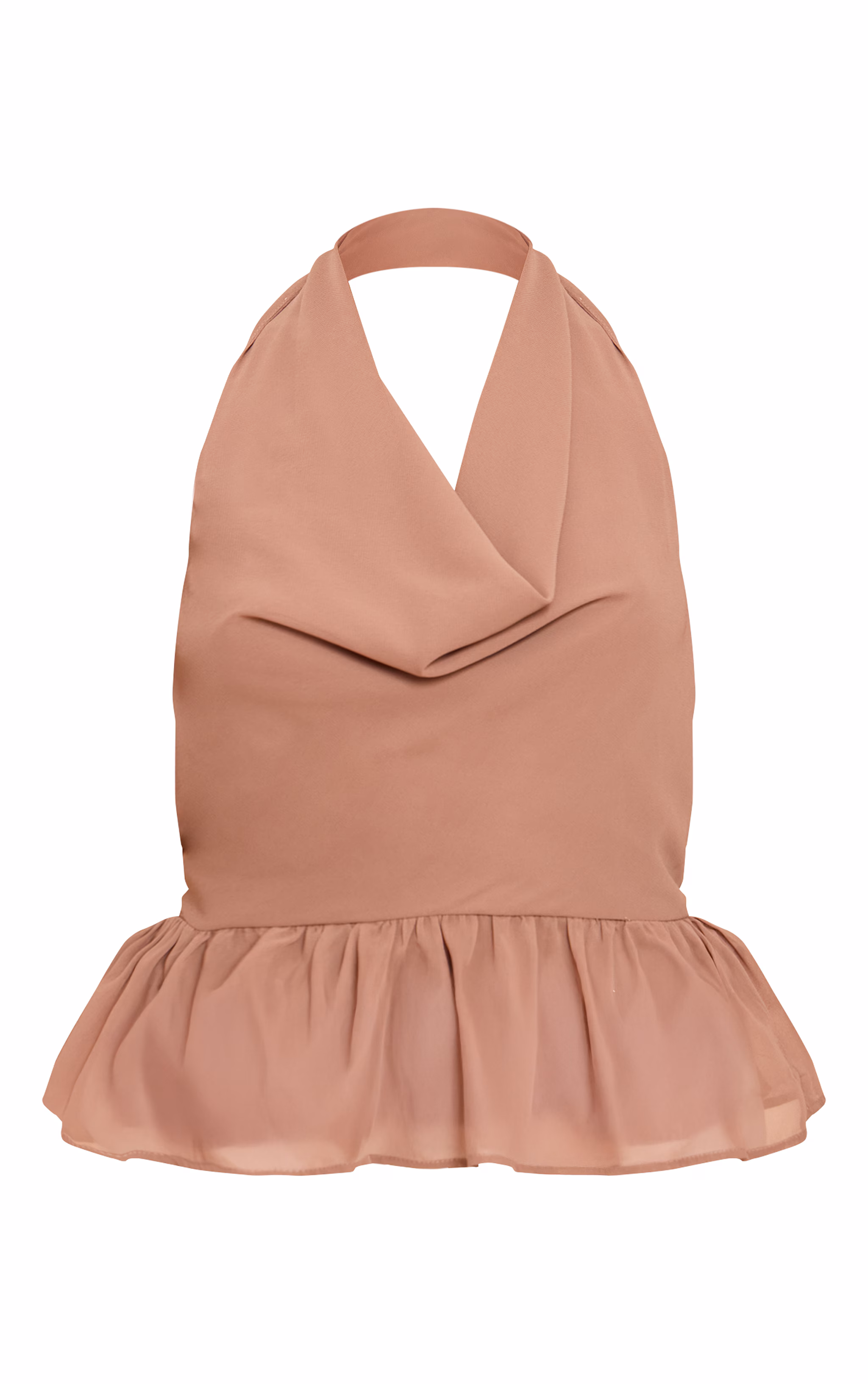 Mocha Chiffon Cowl Peplum Hem Halterneck Top