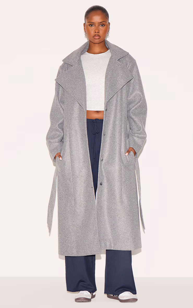 Grey Oversized Wool Look Trench Coat