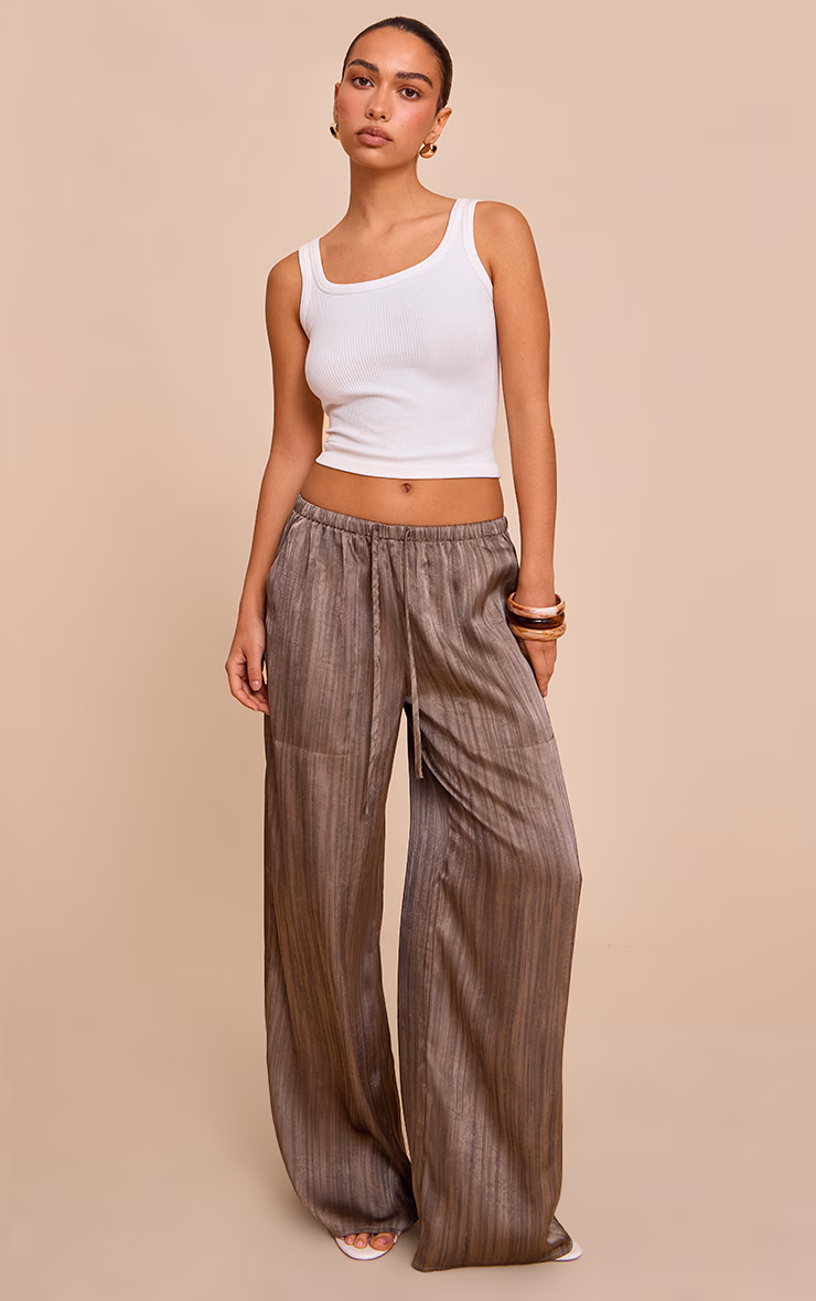 Grey Textured Woven Printed Satin Wide Leg Pants