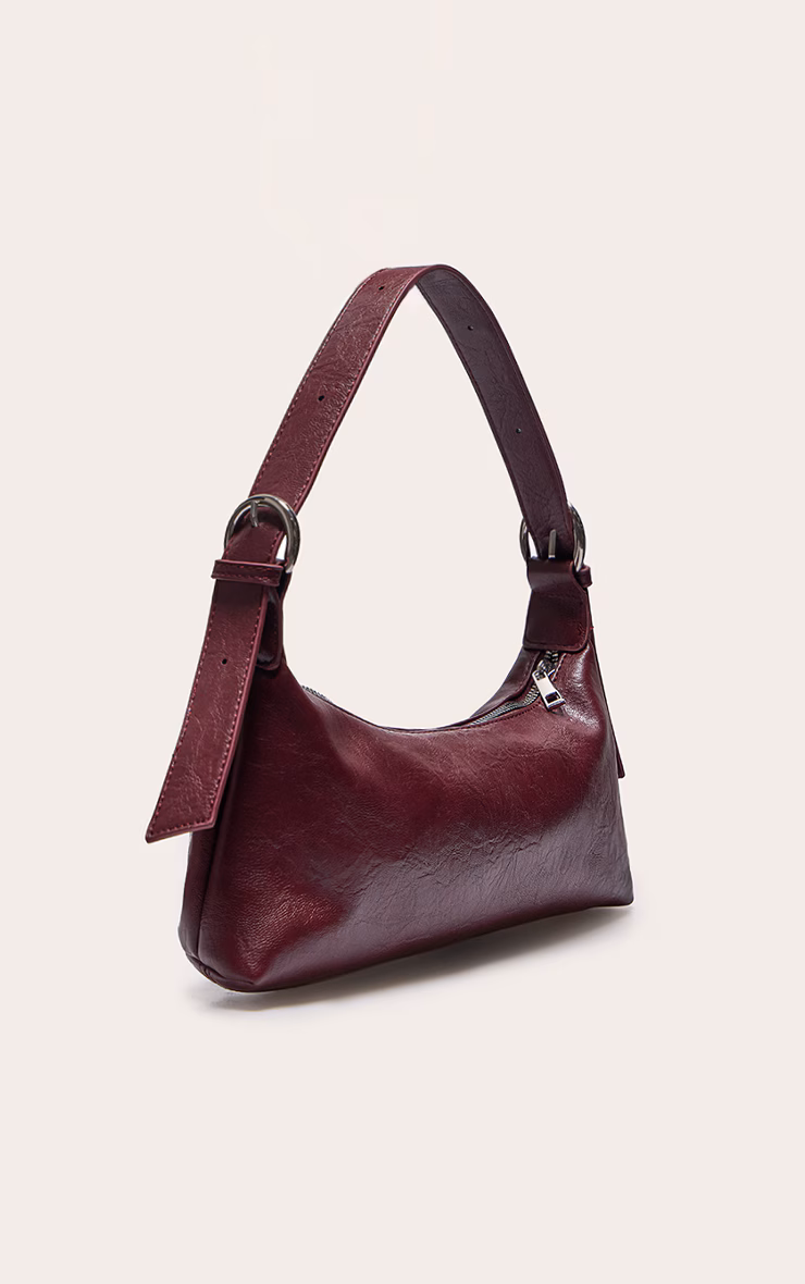 Burgundy Crinkle Pu Buckle Detail Shoulder Bag