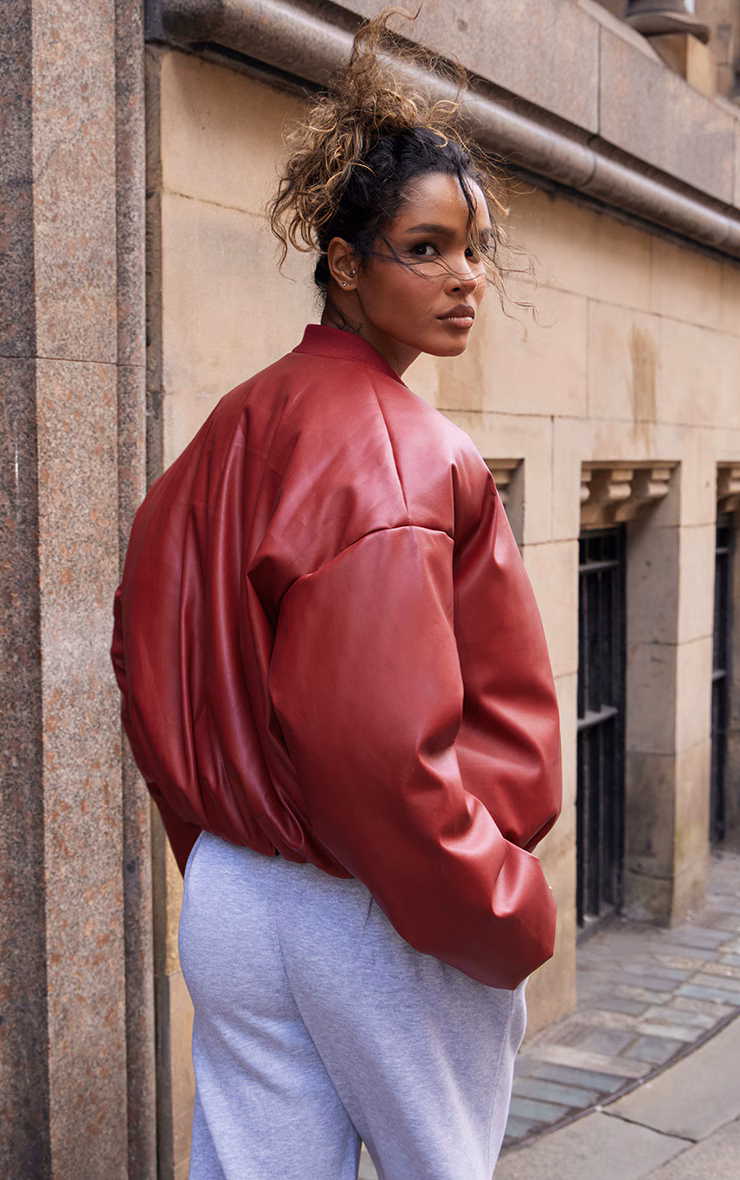 Cherry Red Faux Leather Oversized Bomber Jacket