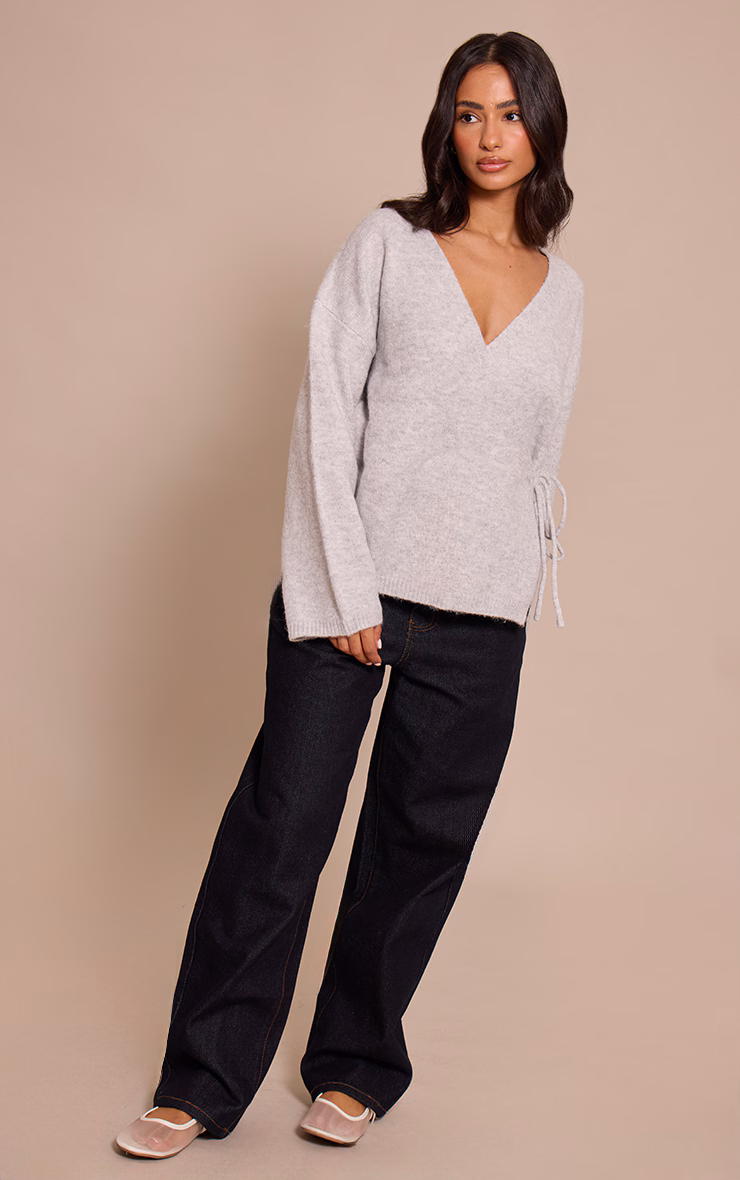 Petite Grey Wrap Tie Side Knitted Sweater