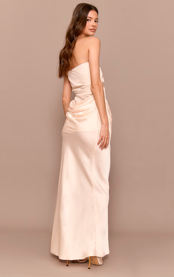 Natural Bandeau Satin Drape Detail Midaxi Dress