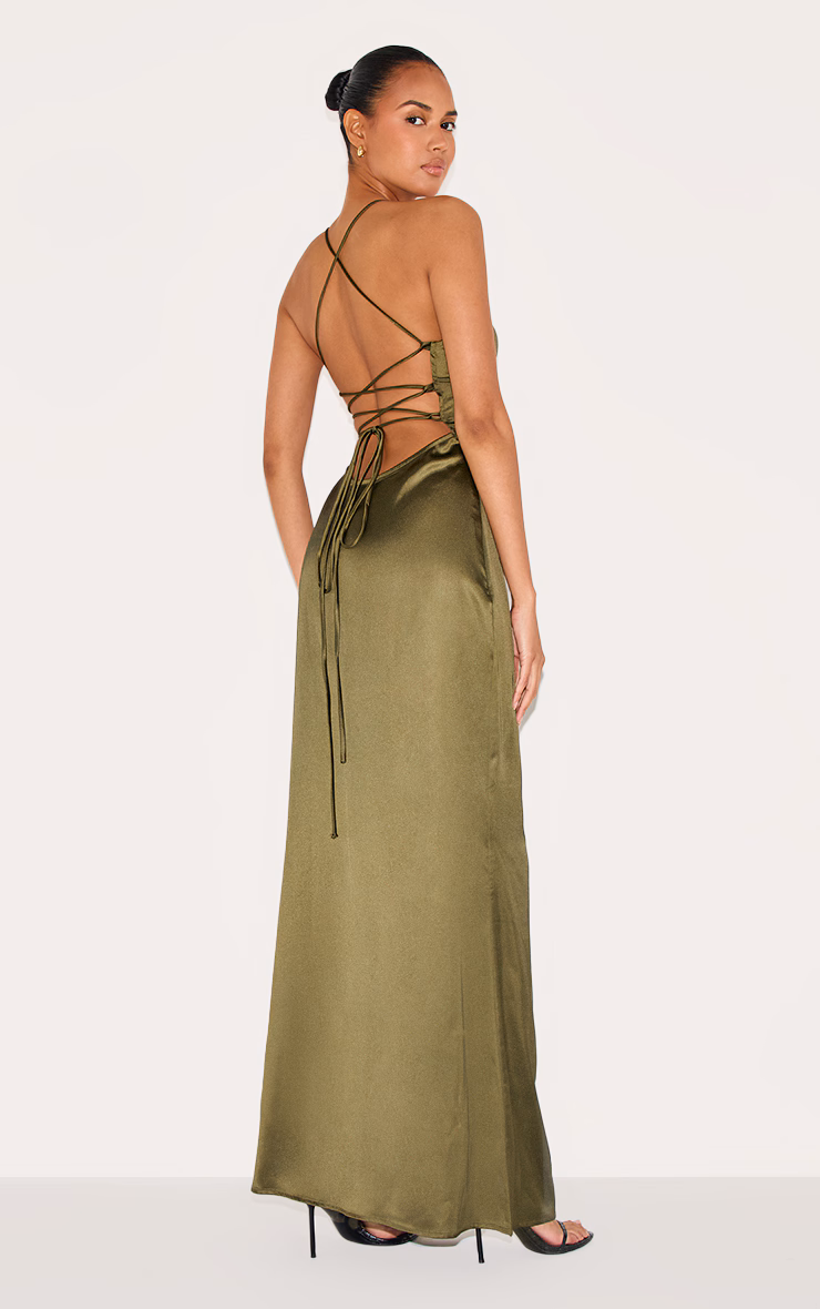 Olive Satin Tie Back Maxi Dress