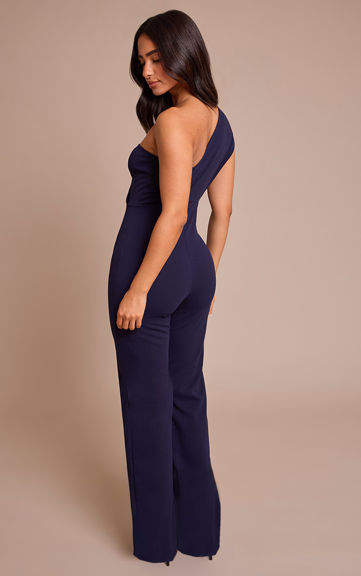 Petite Navy One Shoulder Drape Jumpsuit