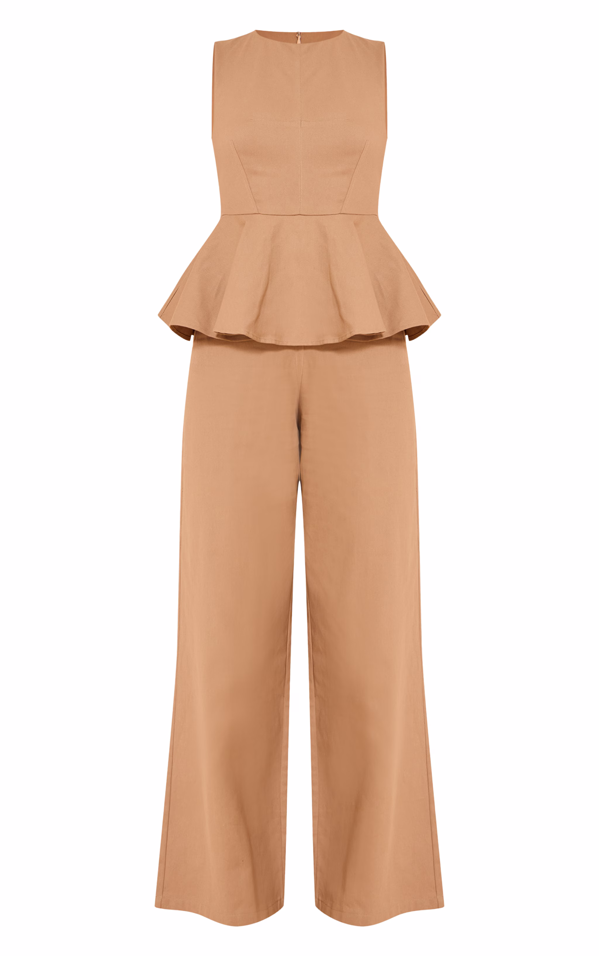 Mocha Cotton Peplum Detail Wide Leg Jumpsuit