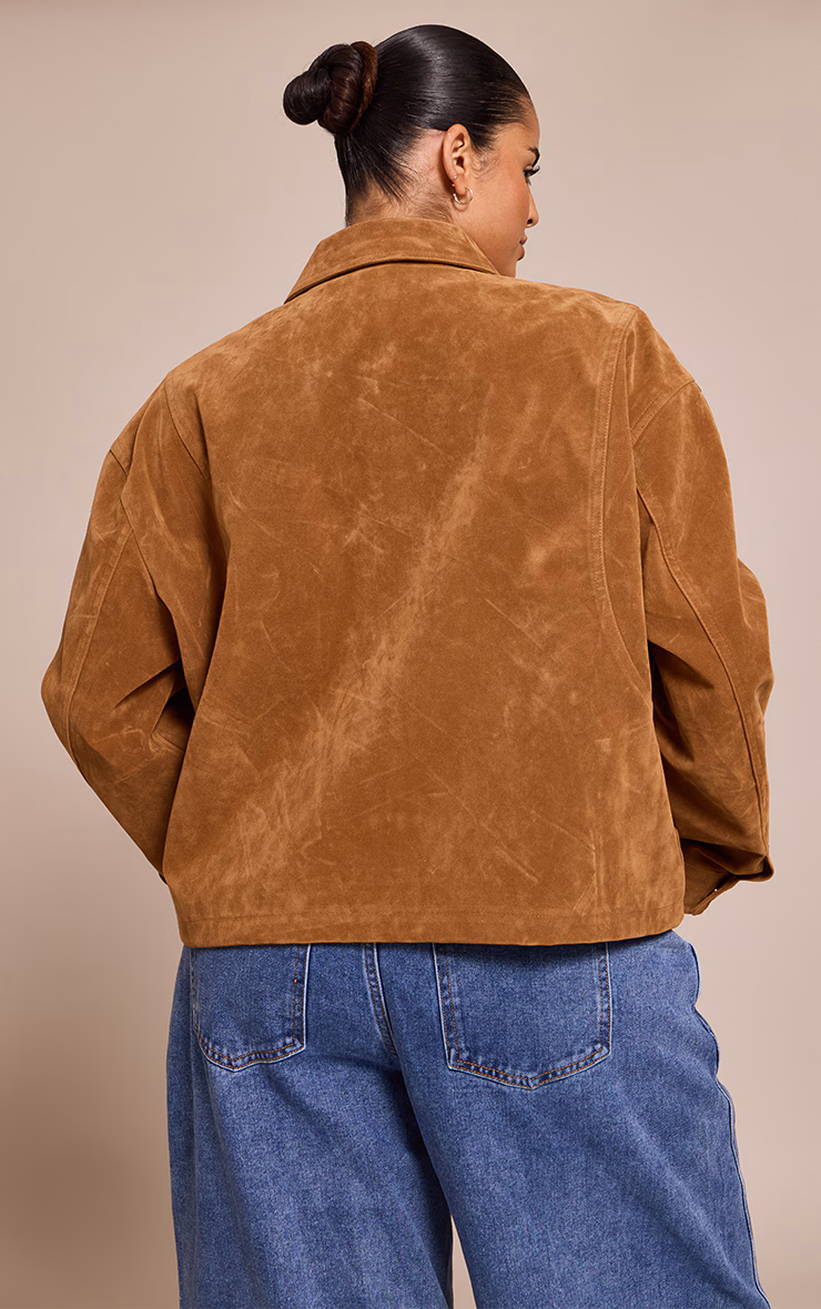 Plus Tan Faux Suede Concealed Placket Bomber Jacket