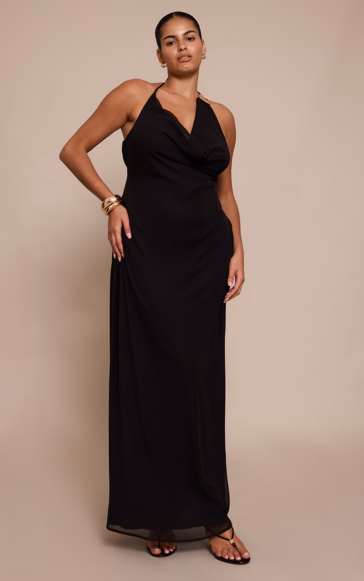 Plus Black Chiffon Halterneck Trim Detail Maxi Dress