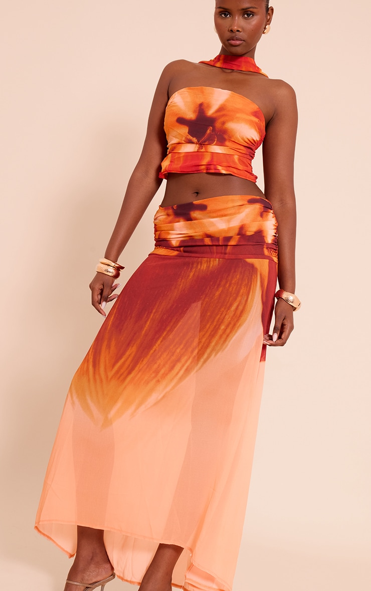 Orange Floral Printed Chiffon Ruched Maxi Skirt