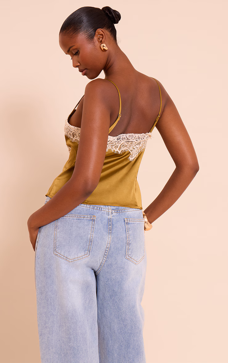 Olive Satin Lace Panel Strappy Cami Top