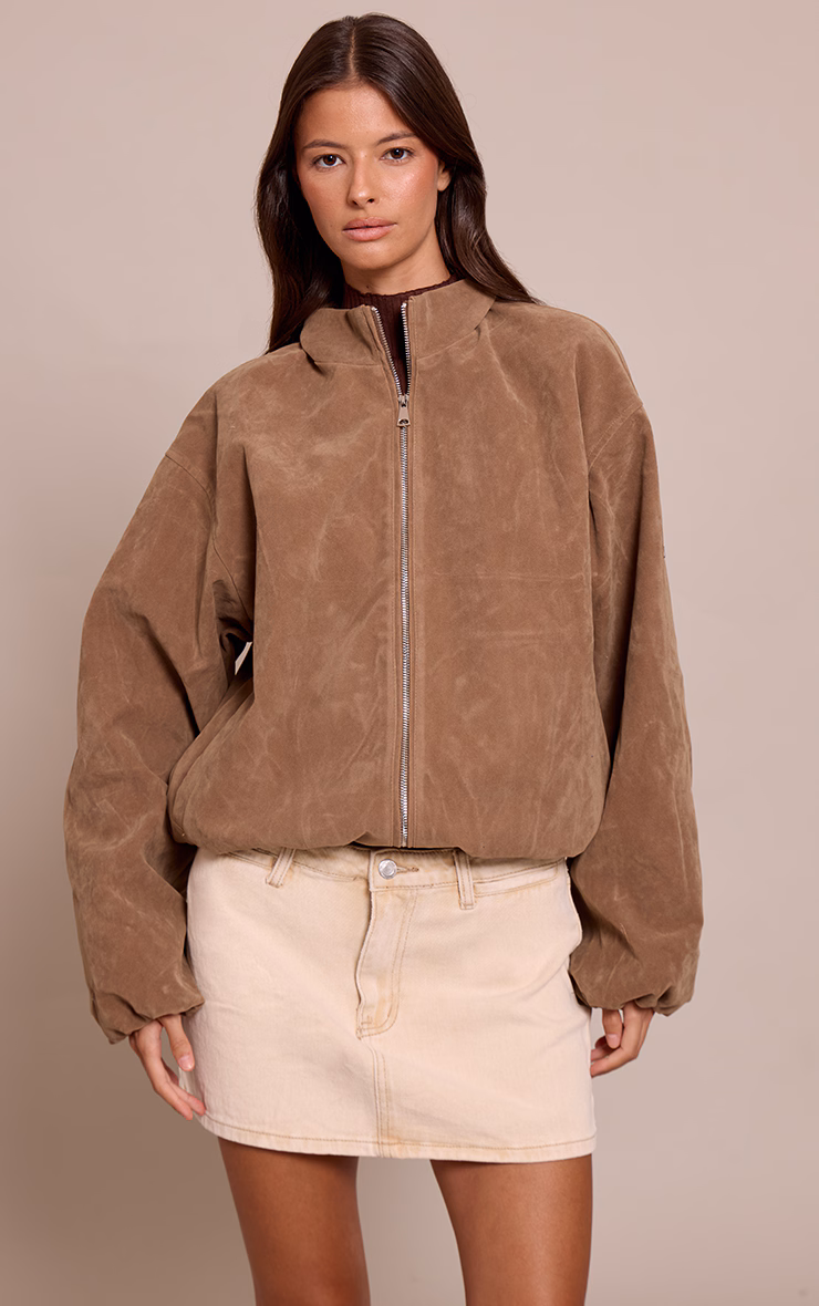Mushroom Faux Suede Bomber Jacket