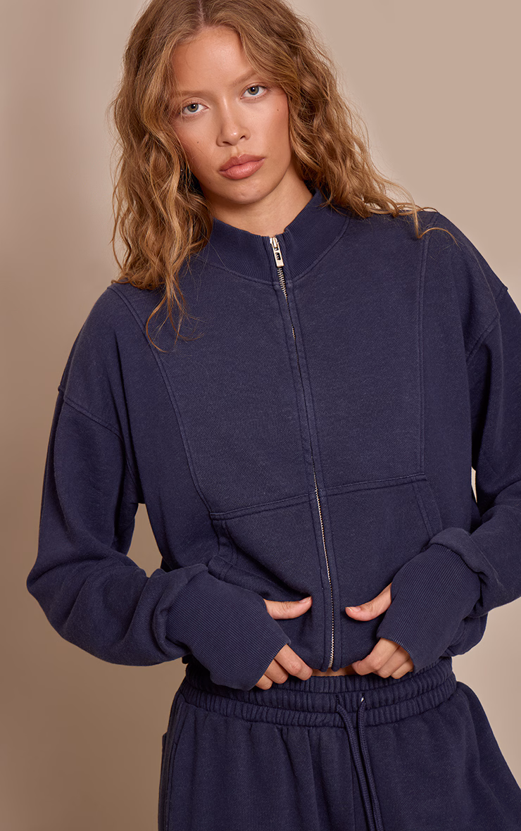 Navy Acid Wash Funnel Neck Zip Sweatshirt