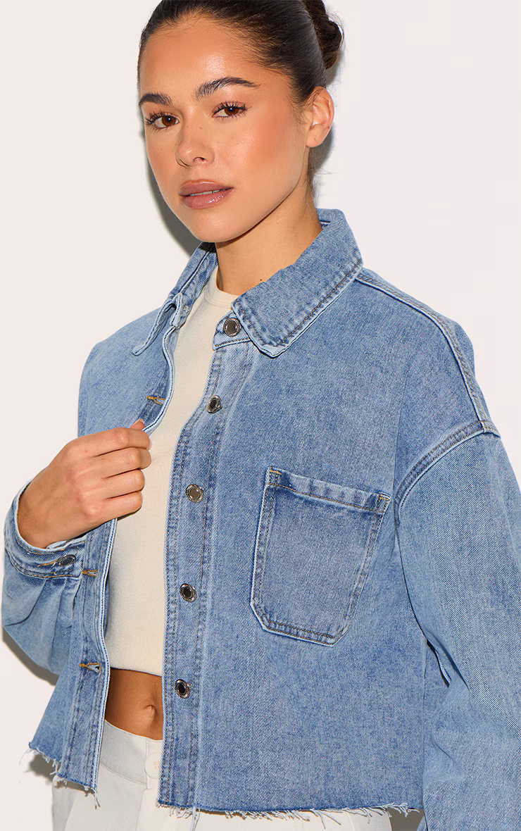Mid Blue Wash Raw Hem Cropped Denim Shirt