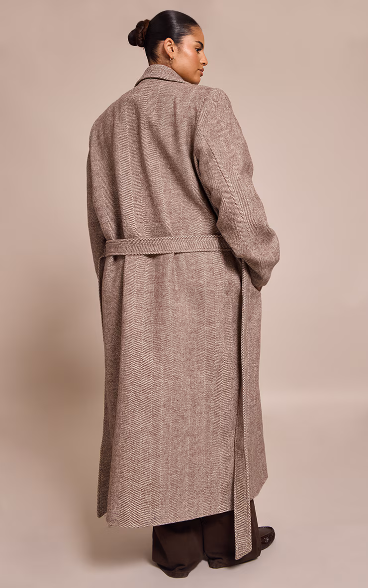 Plus Brown Herringbone Tie Waist Maxi Coat