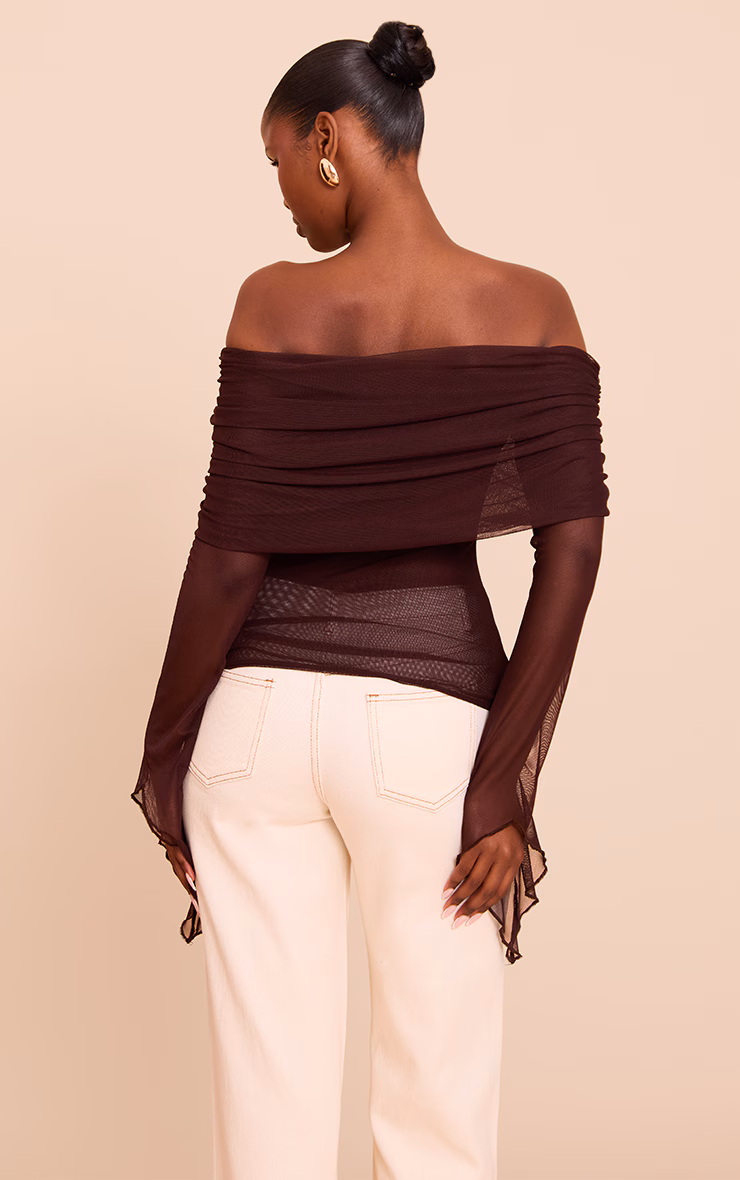 Deep Chocolate Mesh Fold Over Extreme Sleeve Detail Top
