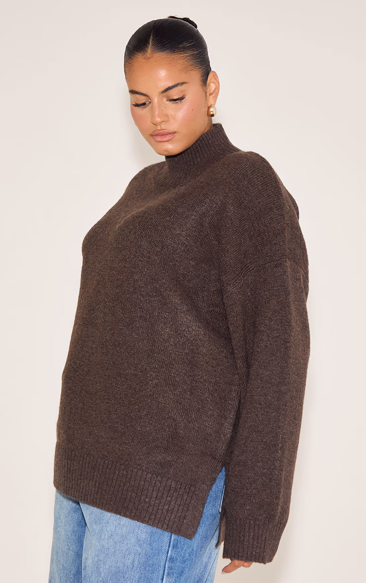 Plus Chocolate Knit Oversized Polo Neck Sweater