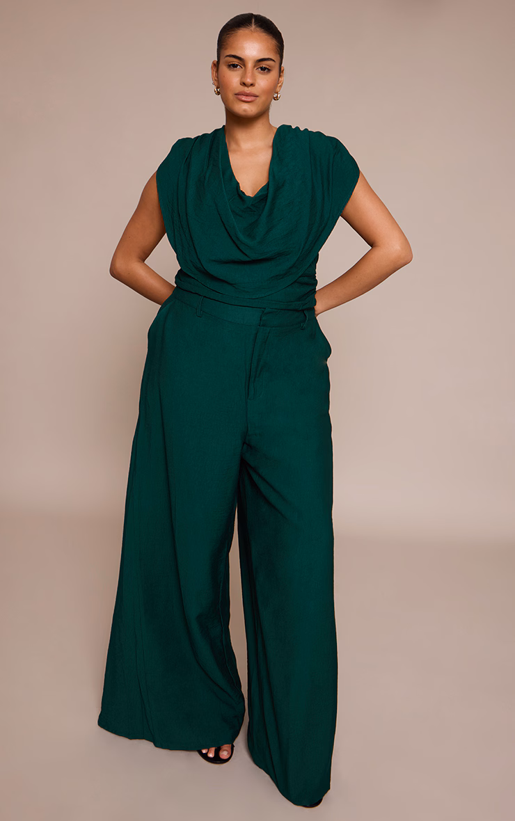 Plus Emerald Green Woven High Waisted Wide Leg Pants