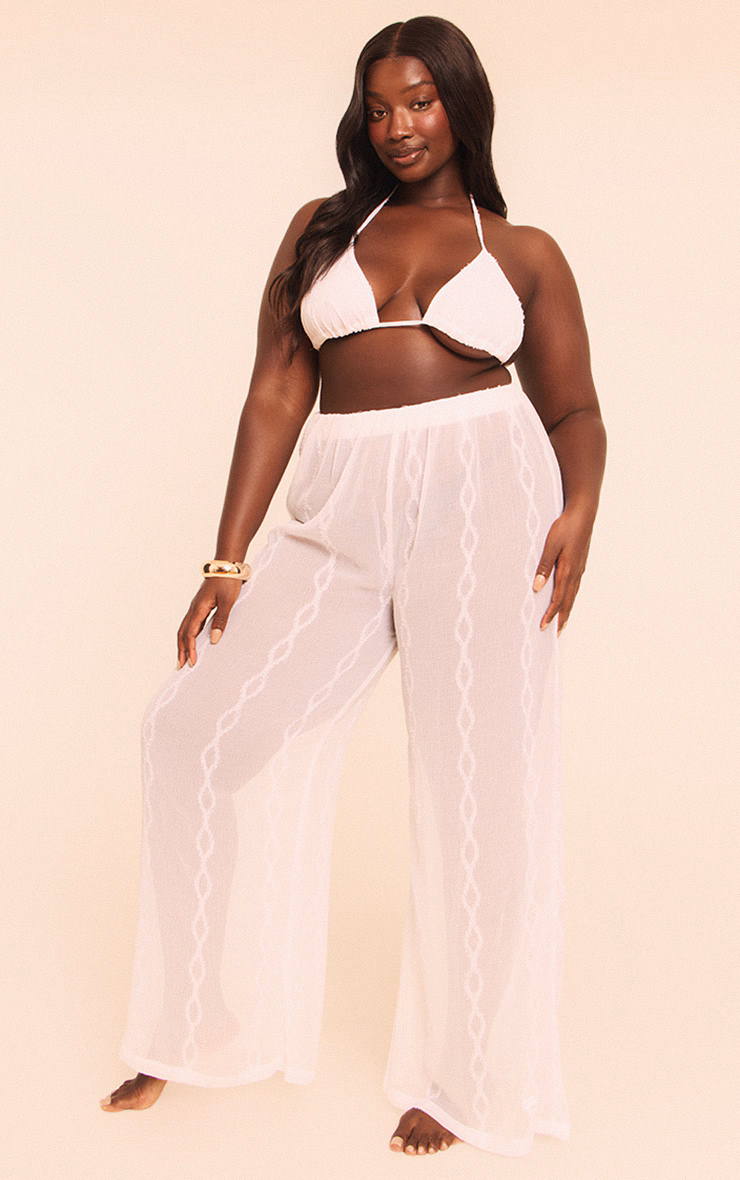 Plus White Textured Chiffon Triangle Beach Top And Pant Set