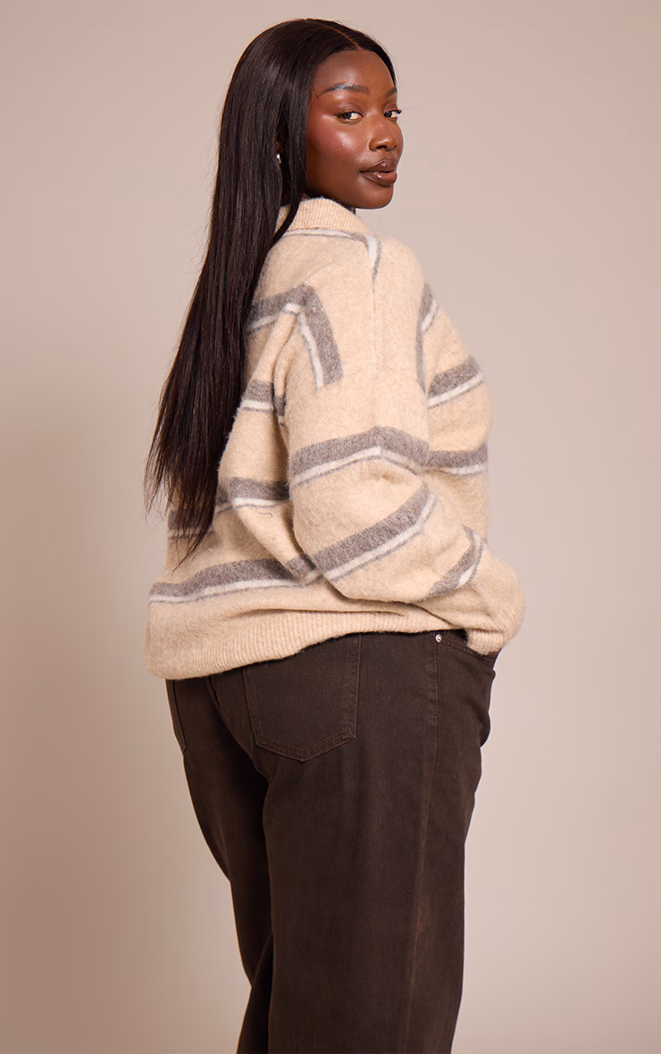 Plus Taupe Striped Brushed Knit Oversized Rugby Style Sweater