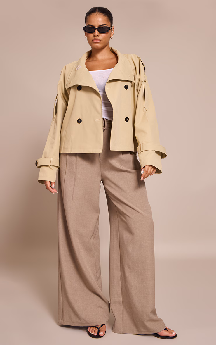 Plus Beige Double Breasted Funnel Neck Cropped Trench Coat