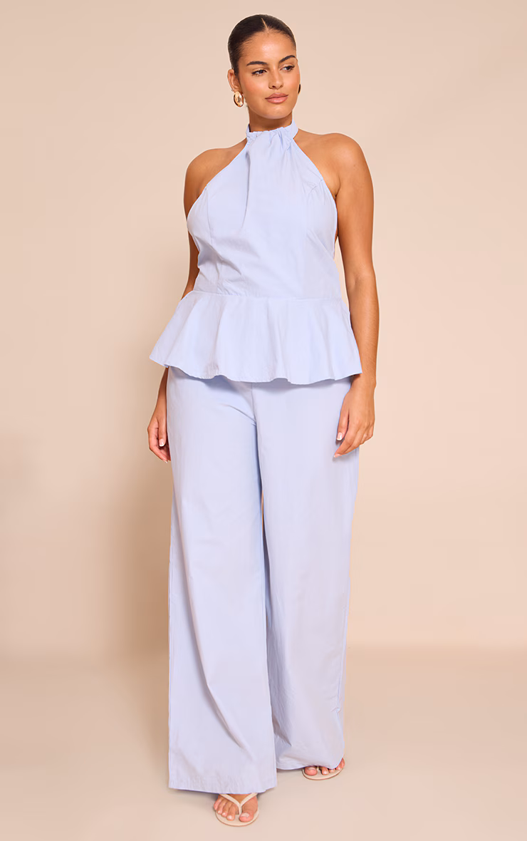 Plus Baby Blue Woven Peplum Hem Jumpsuit