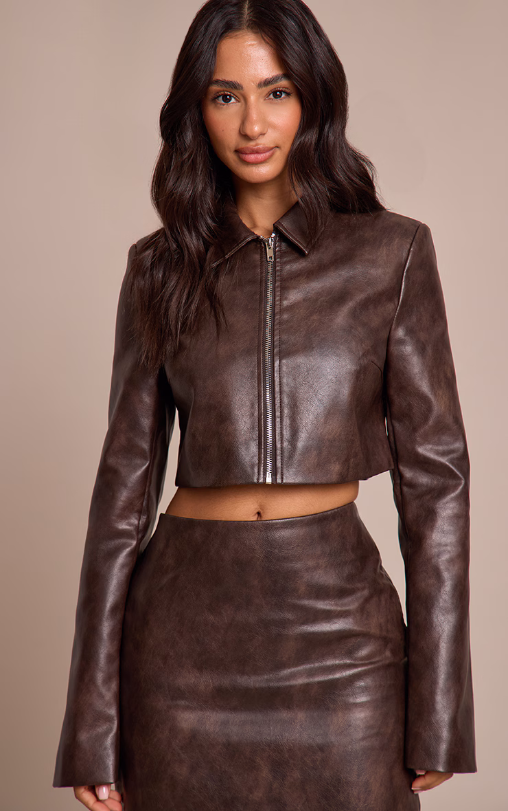 Petite Chocolate Cropped Faux Leather Zip Up Jacket